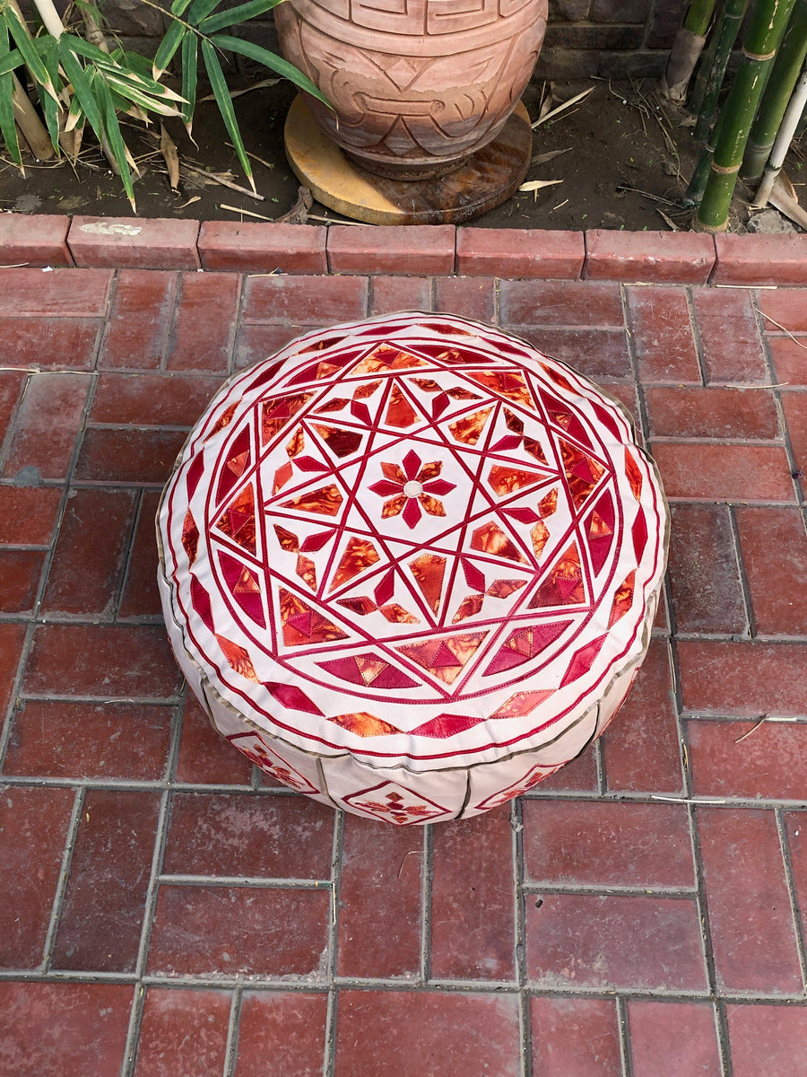Unique Beige Moroccan pouf orange details, Large Leather Poufs, 9 inch x 19 inch pouf, Moroccan Pouf, Round Leather Pouf, Orange poufs