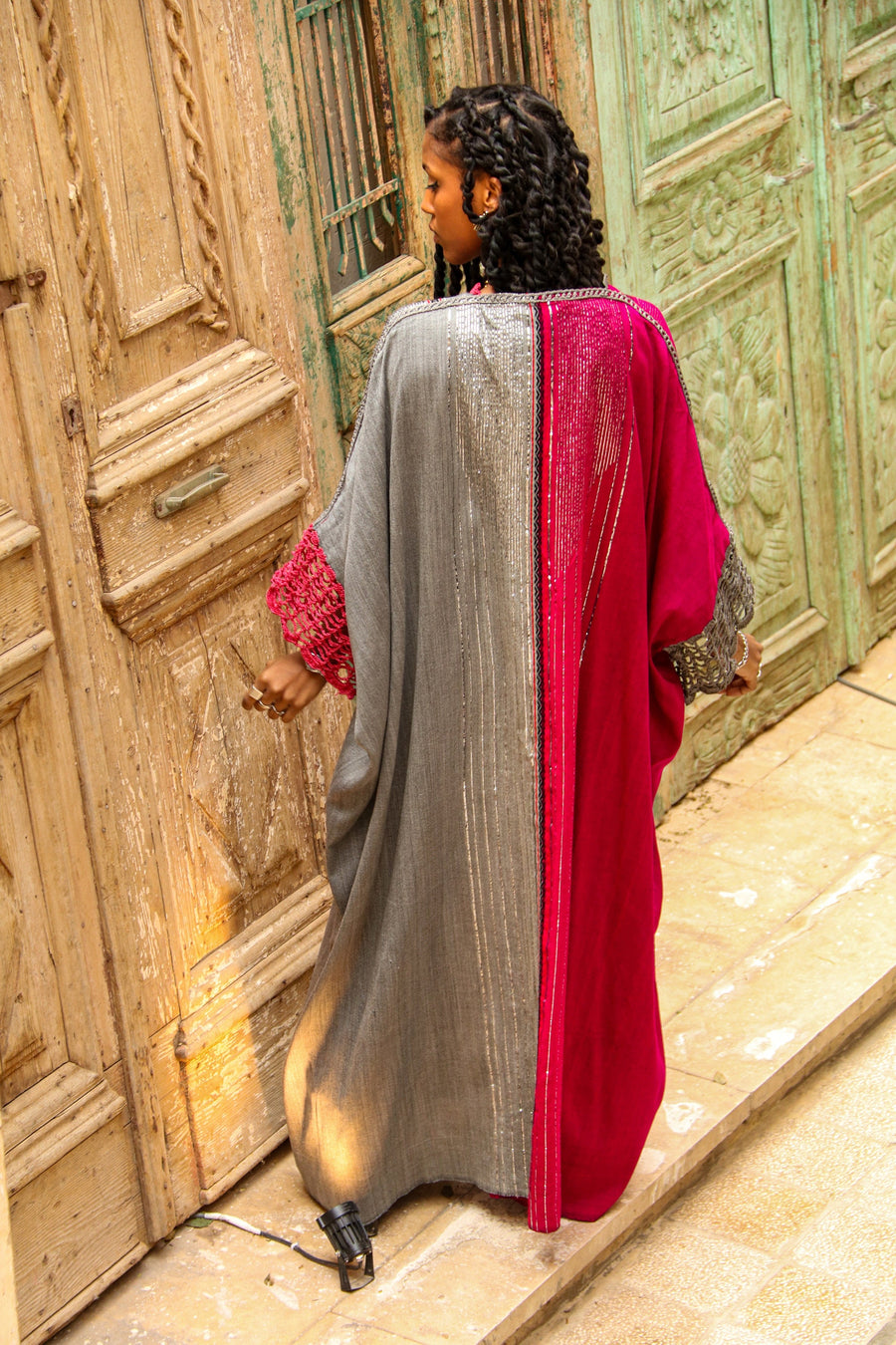 Unique and Elegant hand loomed Abaya, half fuchsia half grey Abaya with Silver threads, Winter Wool Abaya, Grey Kimono, Abaya, Handmade