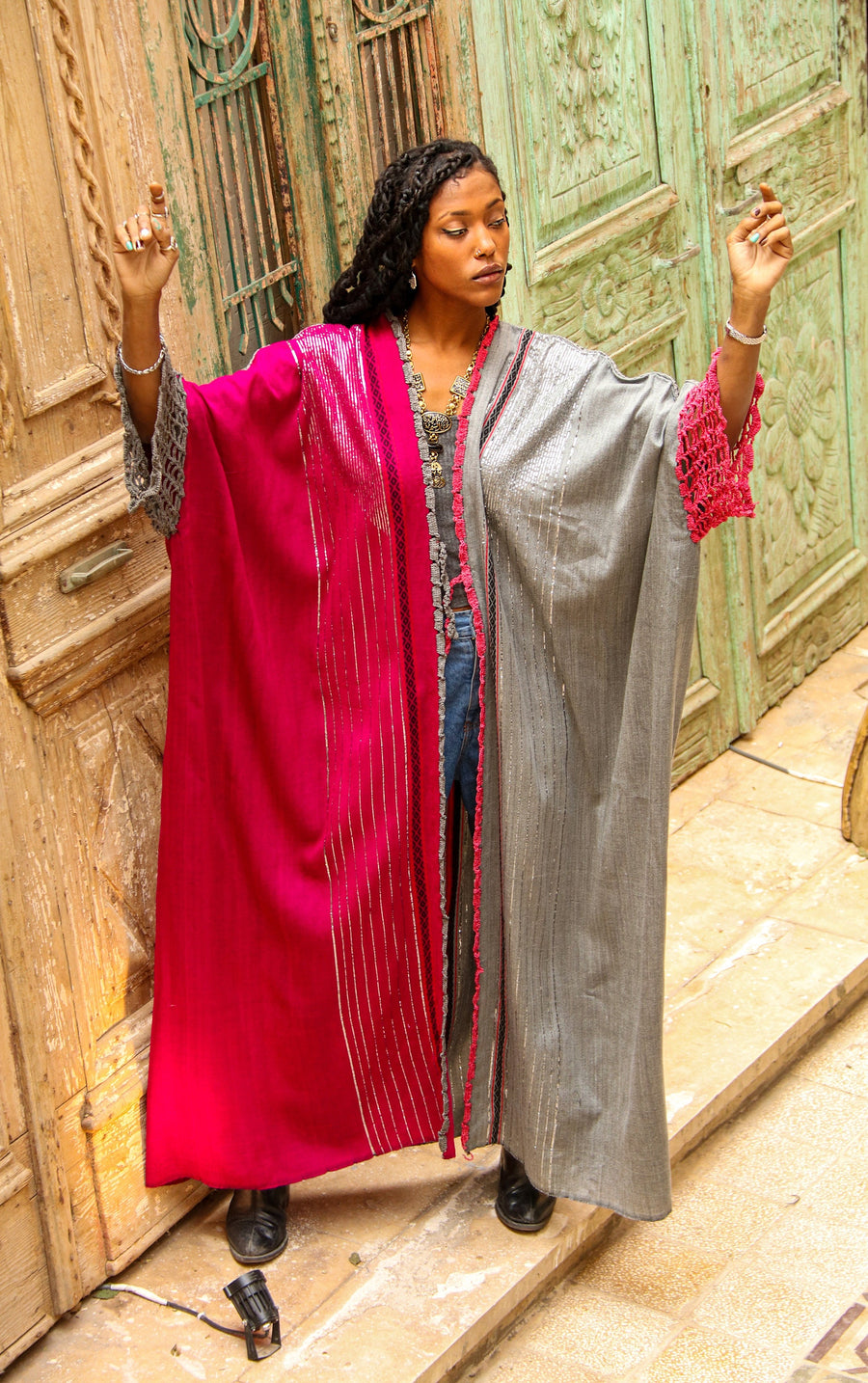 Unique and Elegant hand loomed Abaya, half fuchsia half grey Abaya with Silver threads, Winter Wool Abaya, Grey Kimono, Abaya, Handmade
