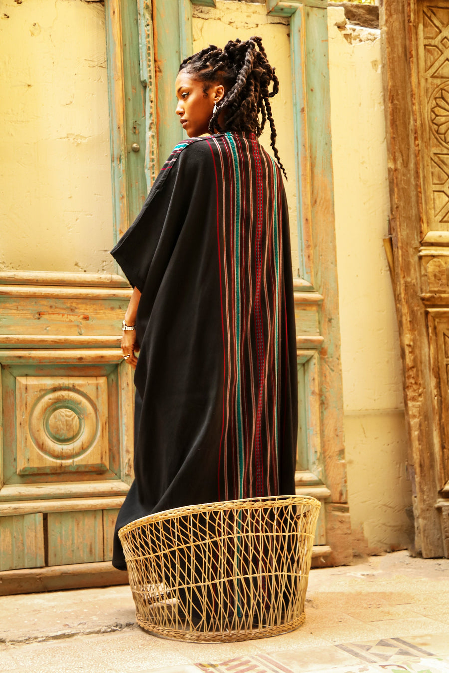 Vintage Black Gypsy Abaya, Hand loomed Kimono, Wool Abaya, Wool kimono, Oriental Kimono, Handmade abaya, Embroidered Abaya, Dressy Kimono