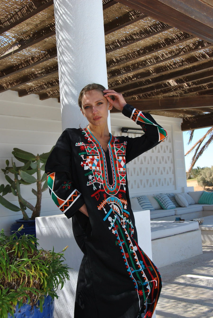 Siwa black embroidered cotton Caftan with pocket, embroidered caftan m Gipci Siwa black embroidered cotton Caftan with pocket, embroidered caftan m Gipci