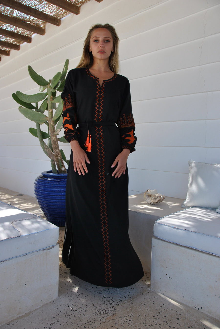 Black Cotton Caftan with belt, Orange embroidery, caftans for women, embroidered Caftan dress, Caftan maxi dress, Caftans for women, Caftans
