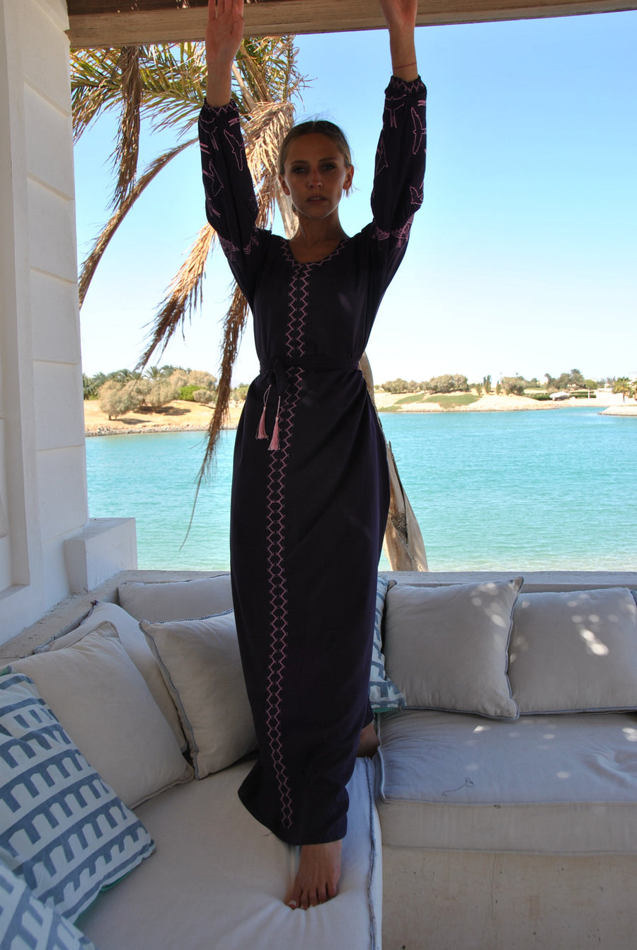 Purple Cotton Caftan with belt, birds embroidery, caftans for women, embroidered Caftan dress, Caftan maxi dress, Caftans for women, Caftans