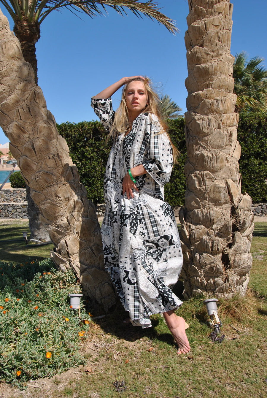 White/black bohemian print Kaftan dress, Elegant colorful boho dress, caftans for women, kaftans, women's caftan, summer long sleeve