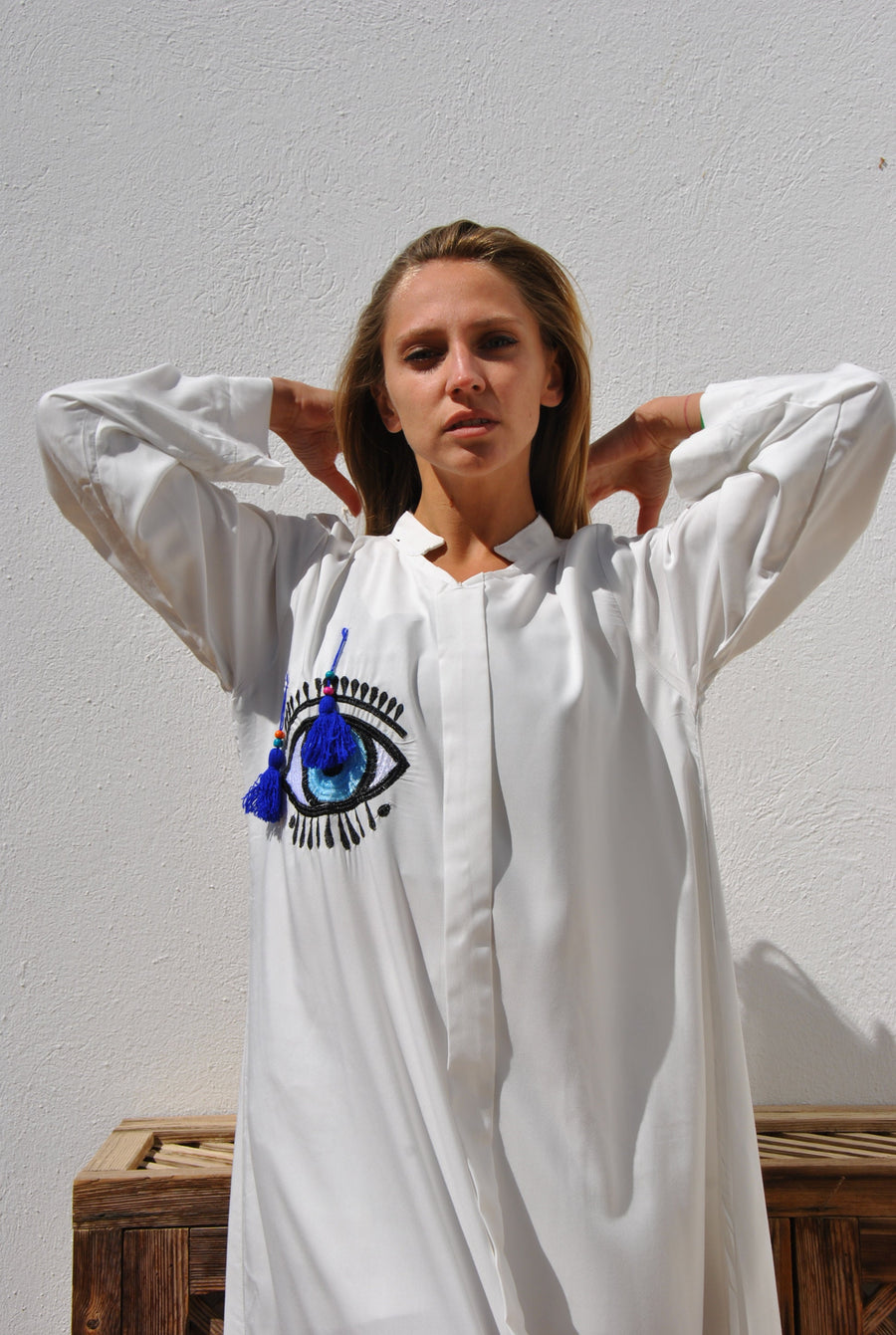 White eye of horus caftan, embroidered Cotton caftan, African women clothing, Boho caftan dress, caftans for women, Boho summer caftan
