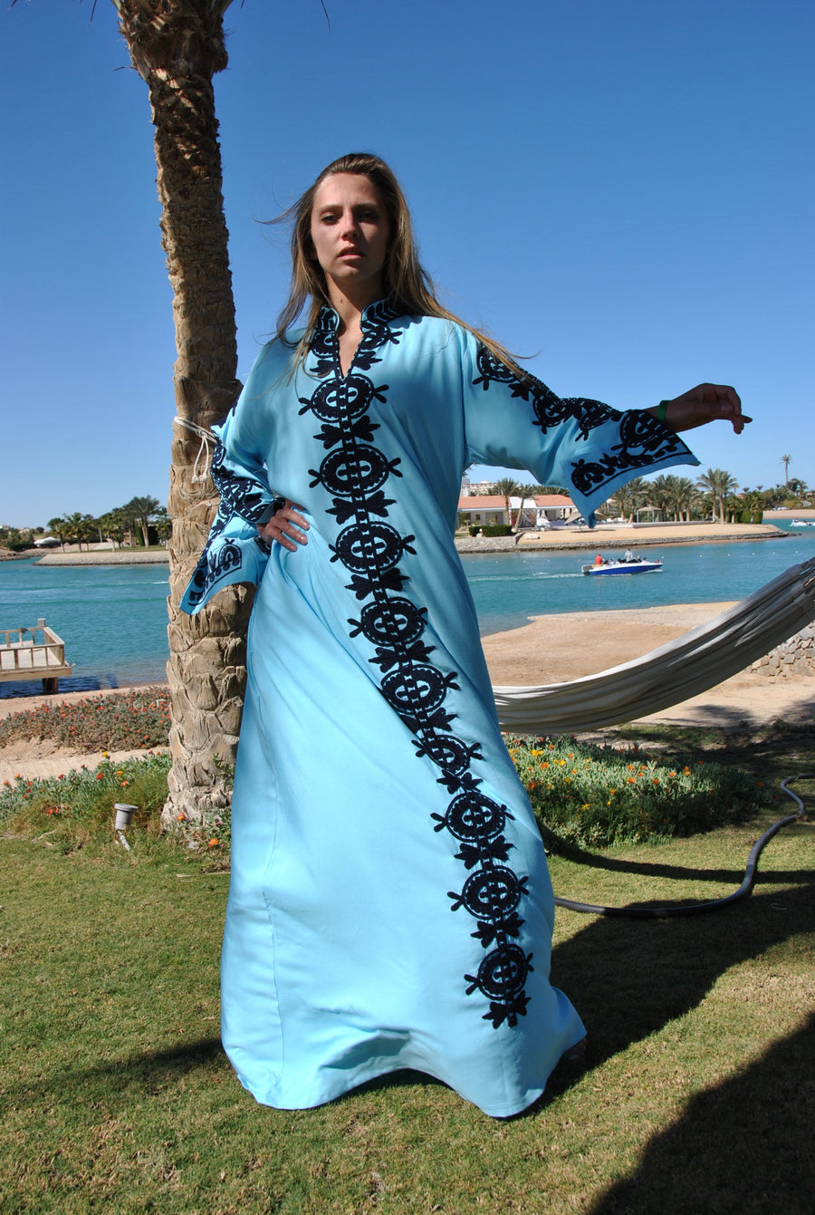 Elegant Turquoise embroidered kaftan dress, Cotton caftan dress, Long – Gipci Elegant Turquoise embroidered kaftan dress, Cotton caftan dress, Long – Gipci