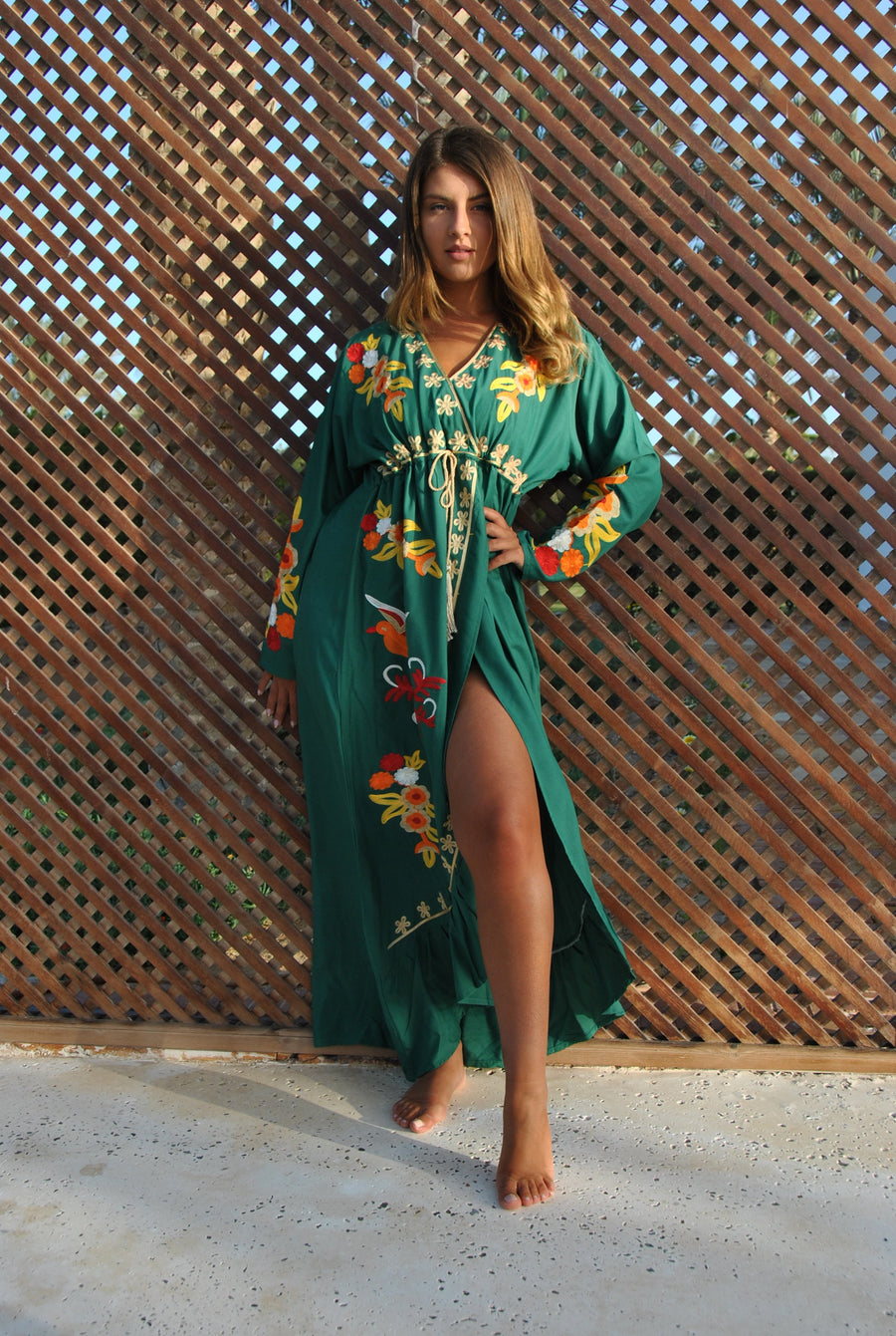 Green birds embroidered caftan, Open slit Cotton caftan dress