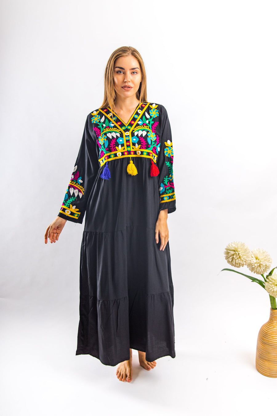 Black embroidered Caftan with tassels, caftans for women, embroidered Caftan dress, Caftan maxi dress, Caftans for women, Caftans