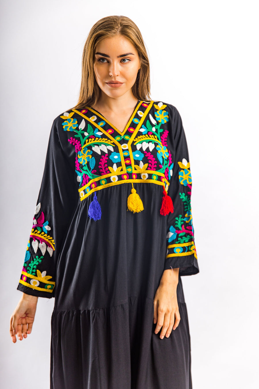 Black embroidered Caftan with tassels, caftans for women, embroidered Caftan dress, Caftan maxi dress, Caftans for women, Caftans