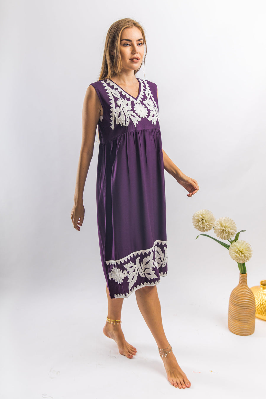 Cute Dark Purple embroidered tunic dress, embroidered tunic Kaftan, summer dress, Egyptian cotton. Summer, party, casual, home dress