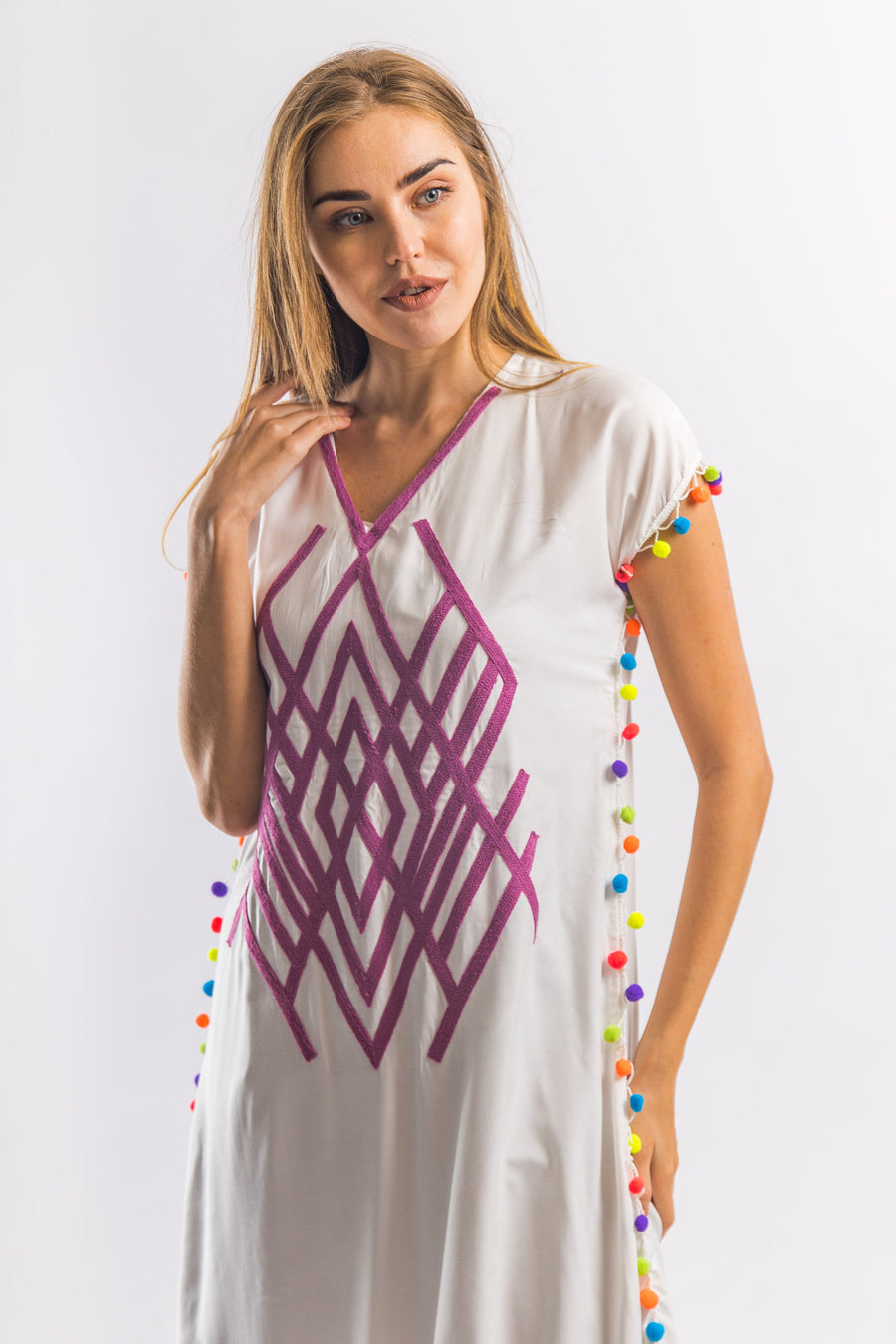 Boho white Tunic embroidered kaftan with pompons, embroidered tunic kaftan, cotton embroidered tunic dress, Summer tunic, vacation tunic