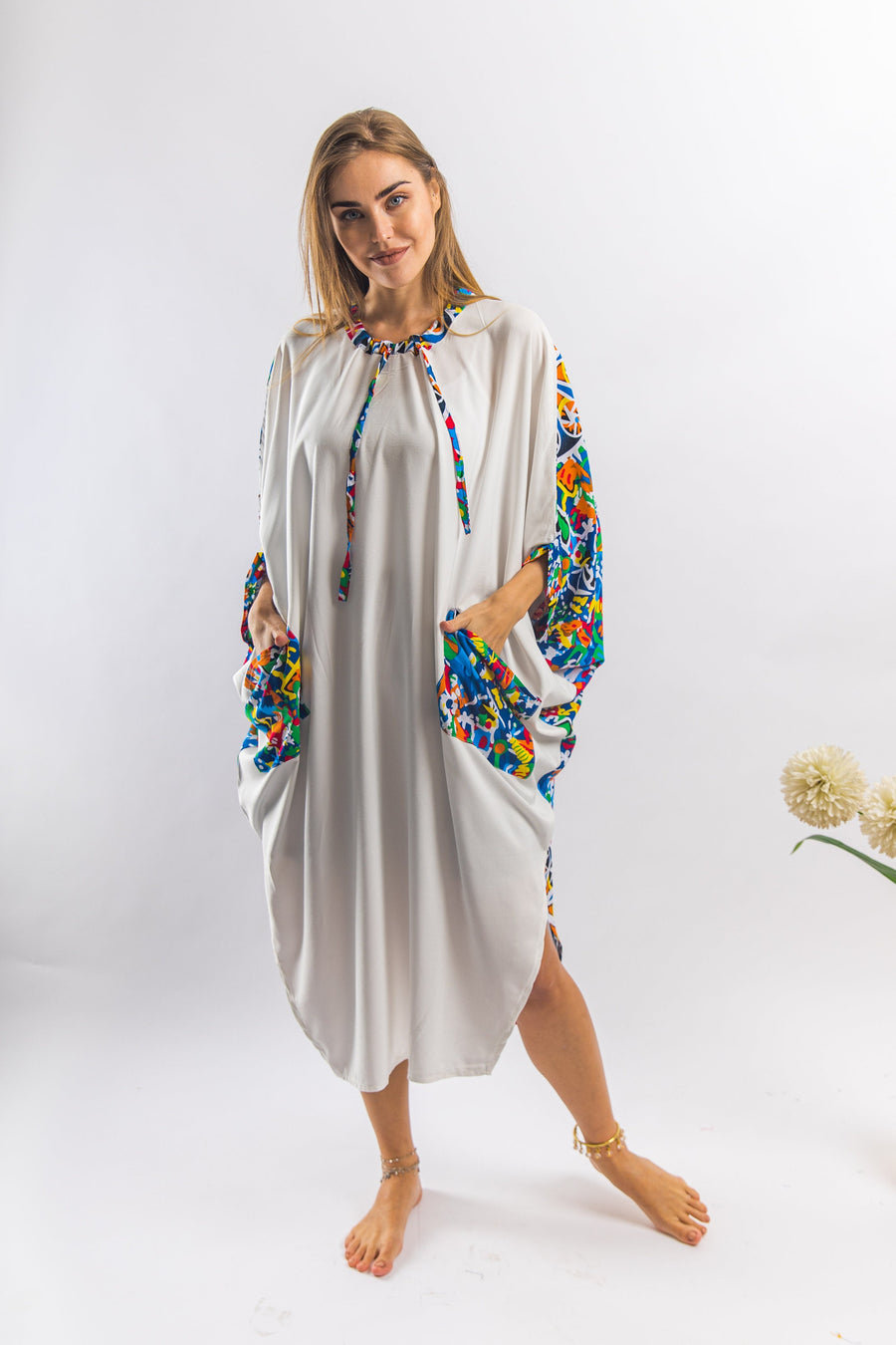 Plus size Boho White Tunic kaftan with pockets, vibrant print tunic kaftan dress, cotton tunic dress, Summer tunic, vacation tunic,