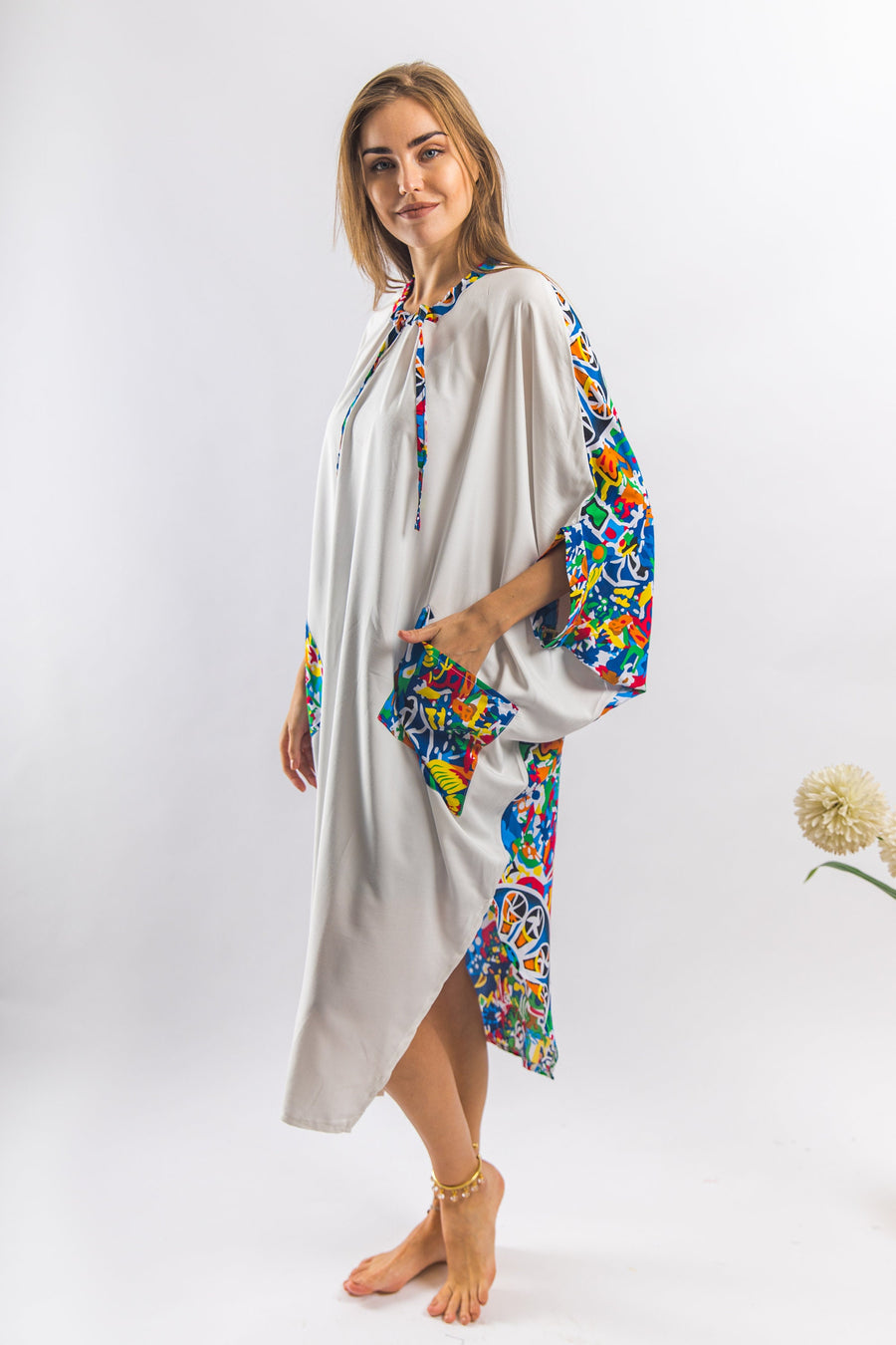 Plus size Boho White Tunic kaftan with pockets, vibrant print tunic kaftan dress, cotton tunic dress, Summer tunic, vacation tunic,
