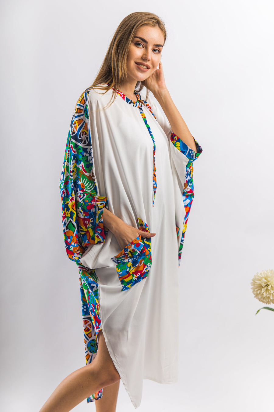 Plus size Boho White Tunic kaftan with pockets, vibrant print tunic kaftan dress, cotton tunic dress, Summer tunic, vacation tunic,