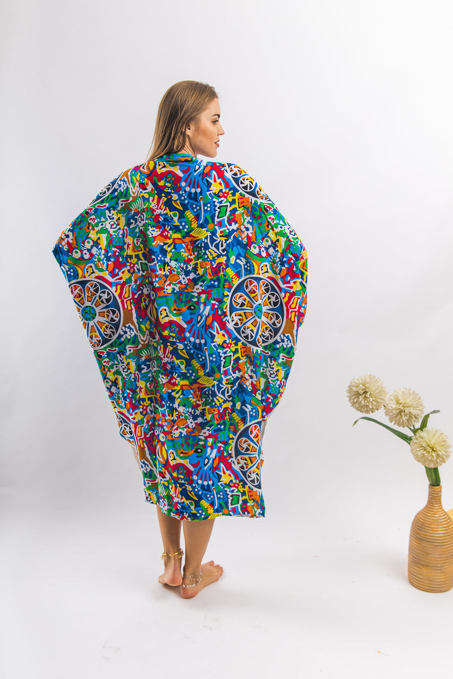 Plus size Boho White Tunic kaftan with pockets, vibrant print tunic kaftan dress, cotton tunic dress, Summer tunic, vacation tunic,