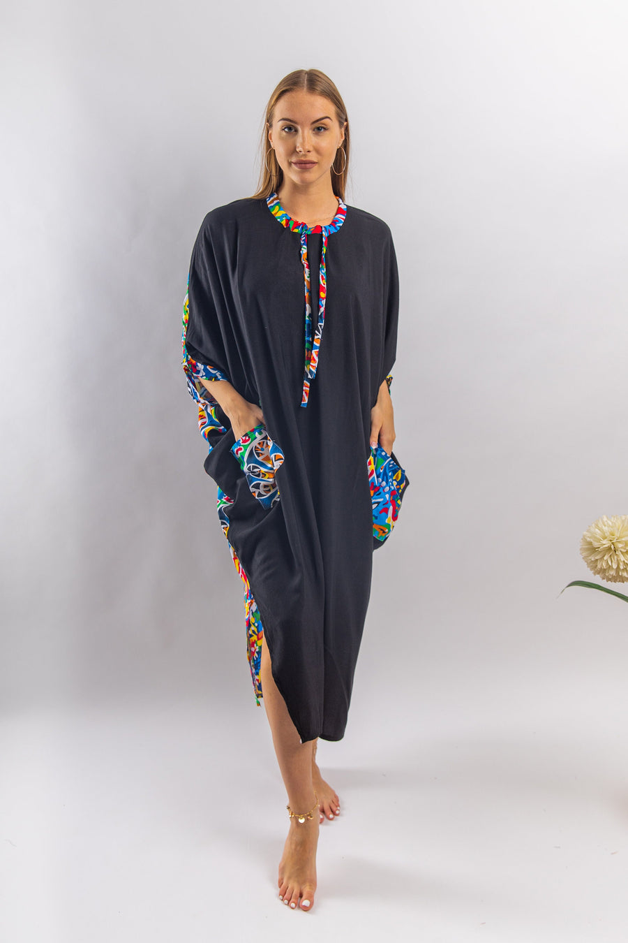 Plus size Boho black Tunic kaftan with pockets, vibrant print tunic kaftan dress, cotton tunic dress, Summer tunic, vacation tunic,