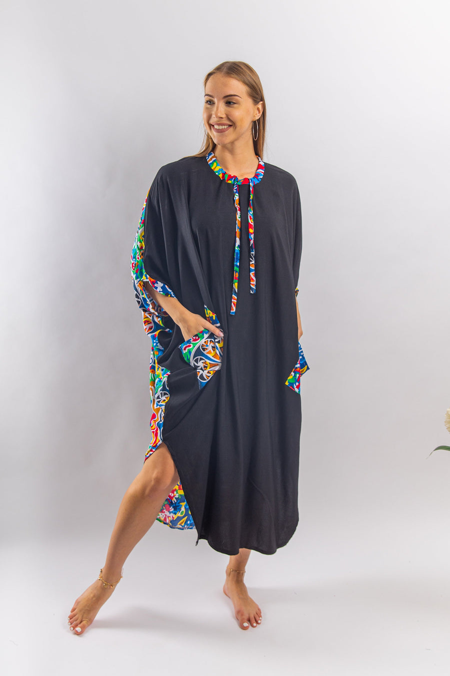 Plus size Boho black Tunic kaftan with pockets, vibrant print tunic kaftan dress, cotton tunic dress, Summer tunic, vacation tunic,