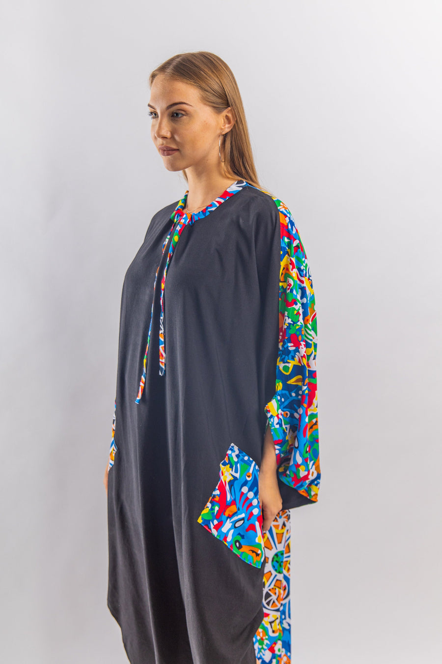 Plus size Boho black Tunic kaftan with pockets, vibrant print tunic kaftan dress, cotton tunic dress, Summer tunic, vacation tunic,