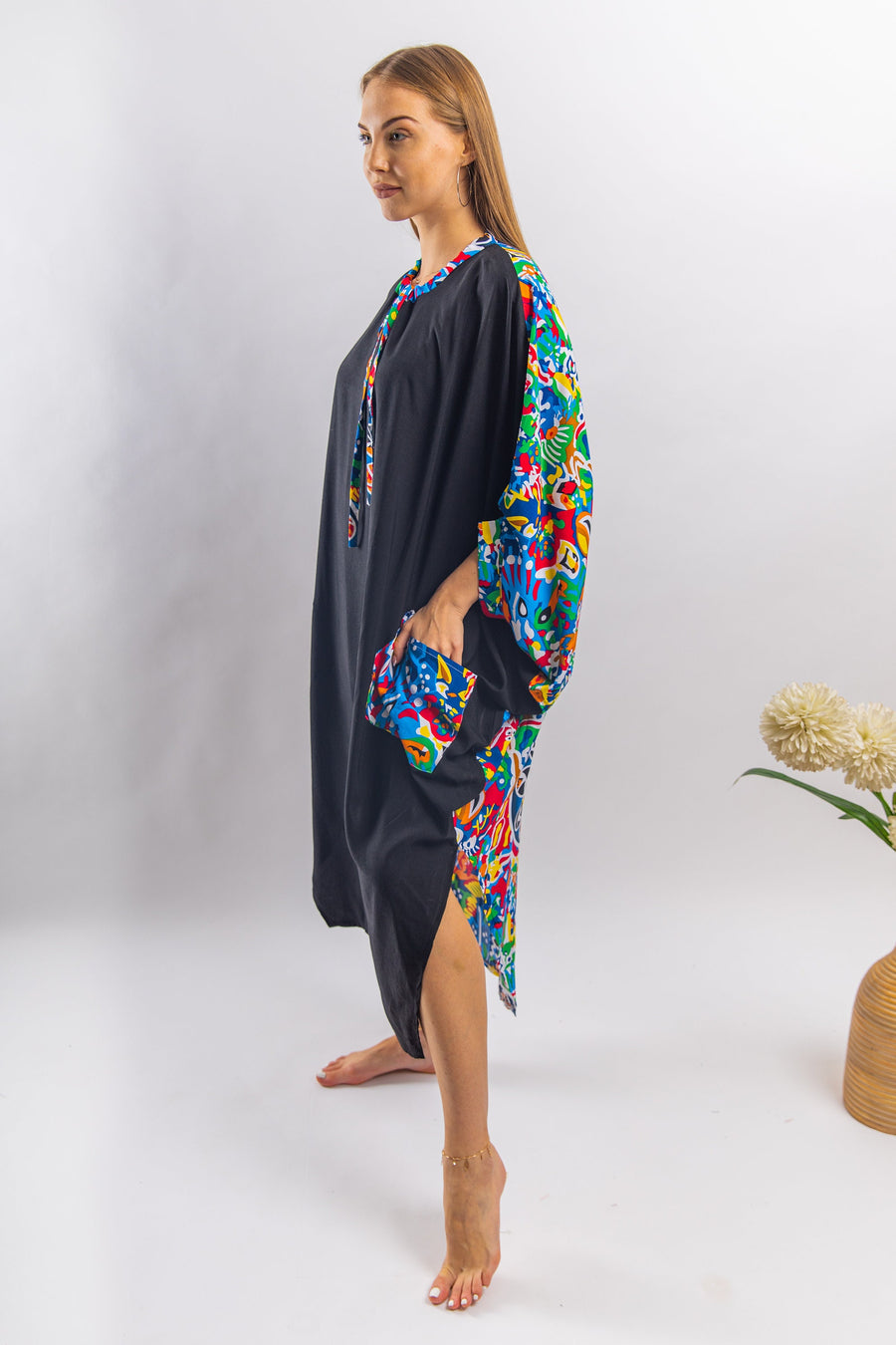 Plus size Boho black Tunic kaftan with pockets, vibrant print tunic kaftan dress, cotton tunic dress, Summer tunic, vacation tunic,