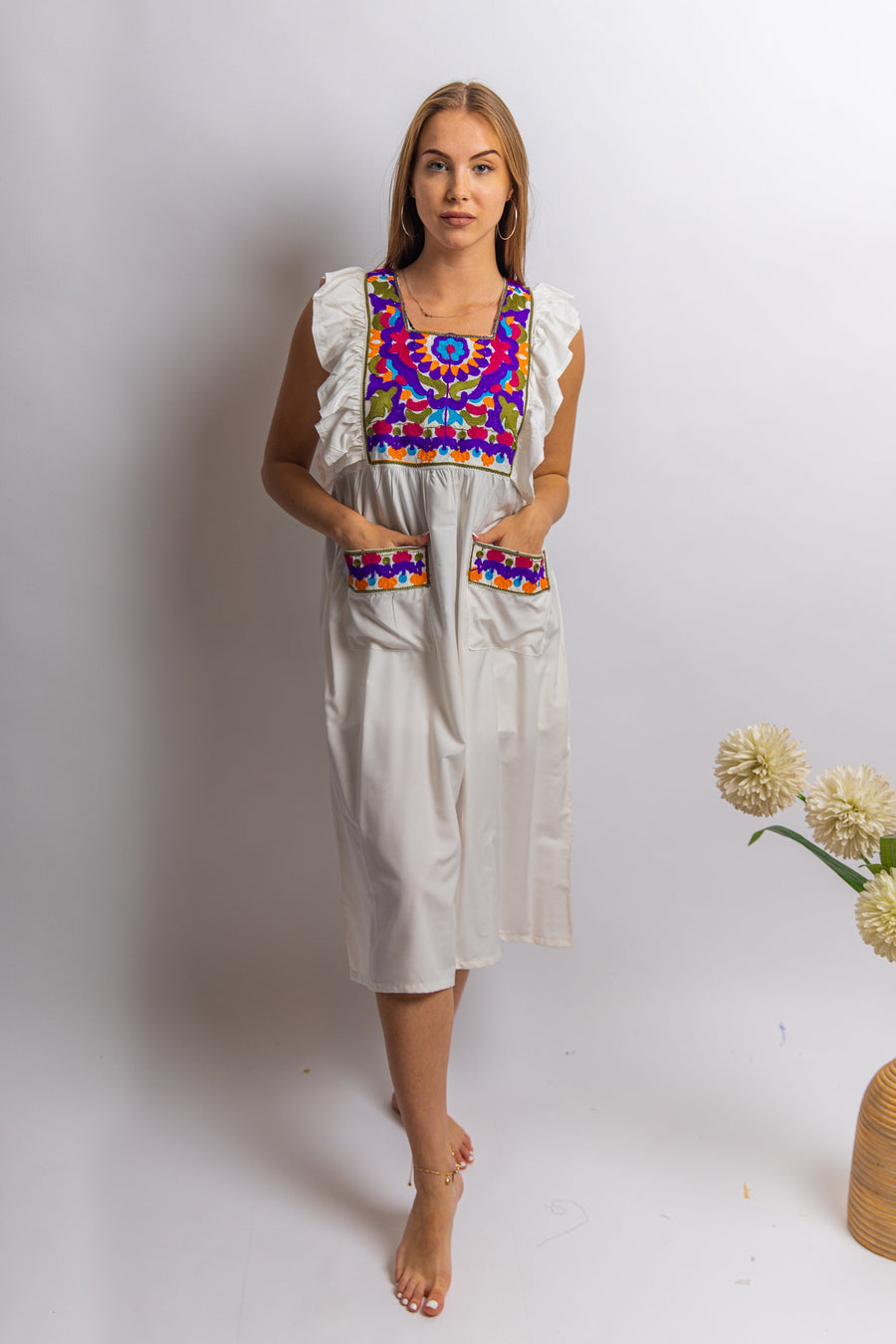 Off shoulder white embroidered kaftan with pockets, embroidered tunic kaftan, cotton embroidered tunic dress, Summer tunic, tunics