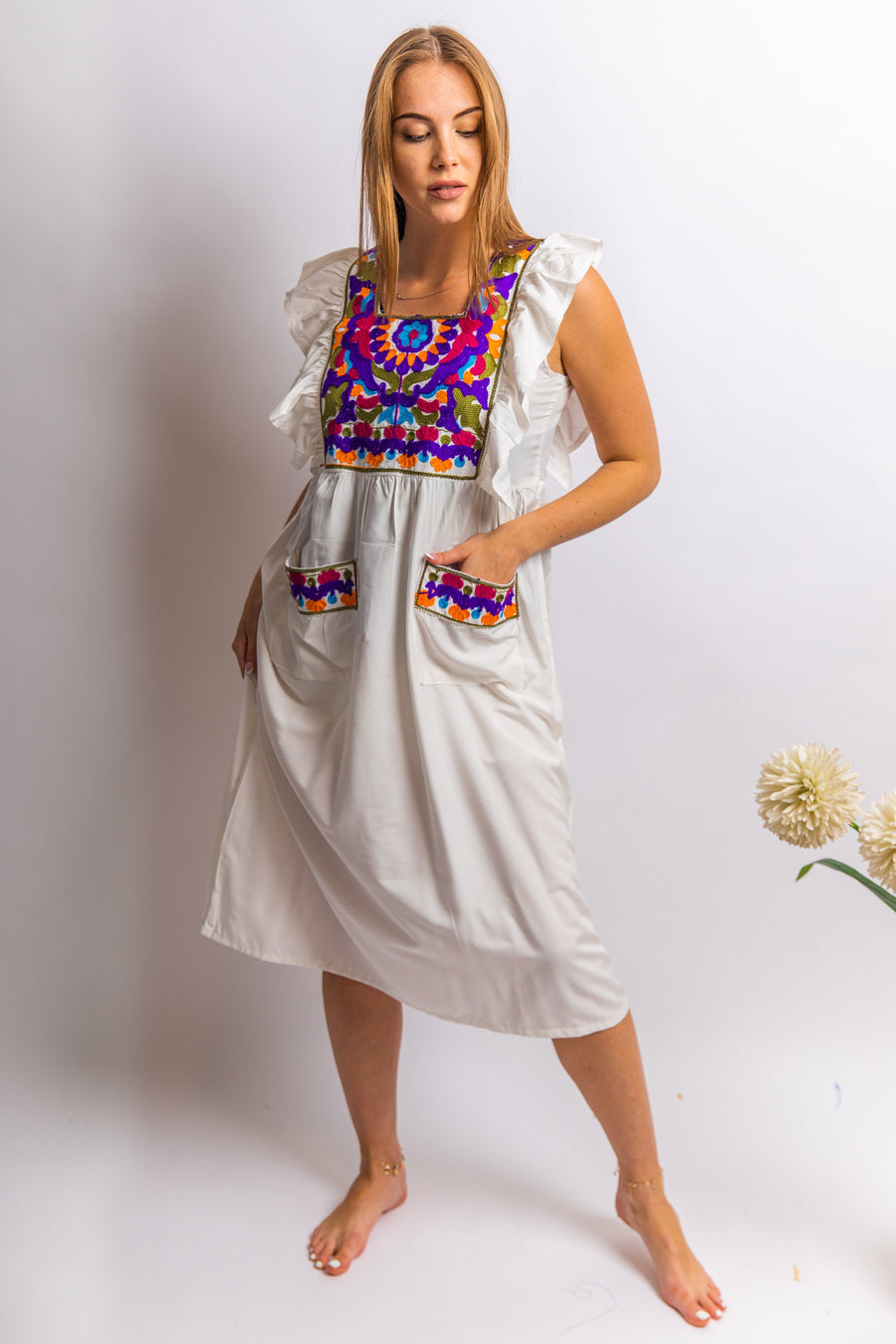 Off shoulder white embroidered kaftan with pockets, embroidered tunic kaftan, cotton embroidered tunic dress, Summer tunic, tunics