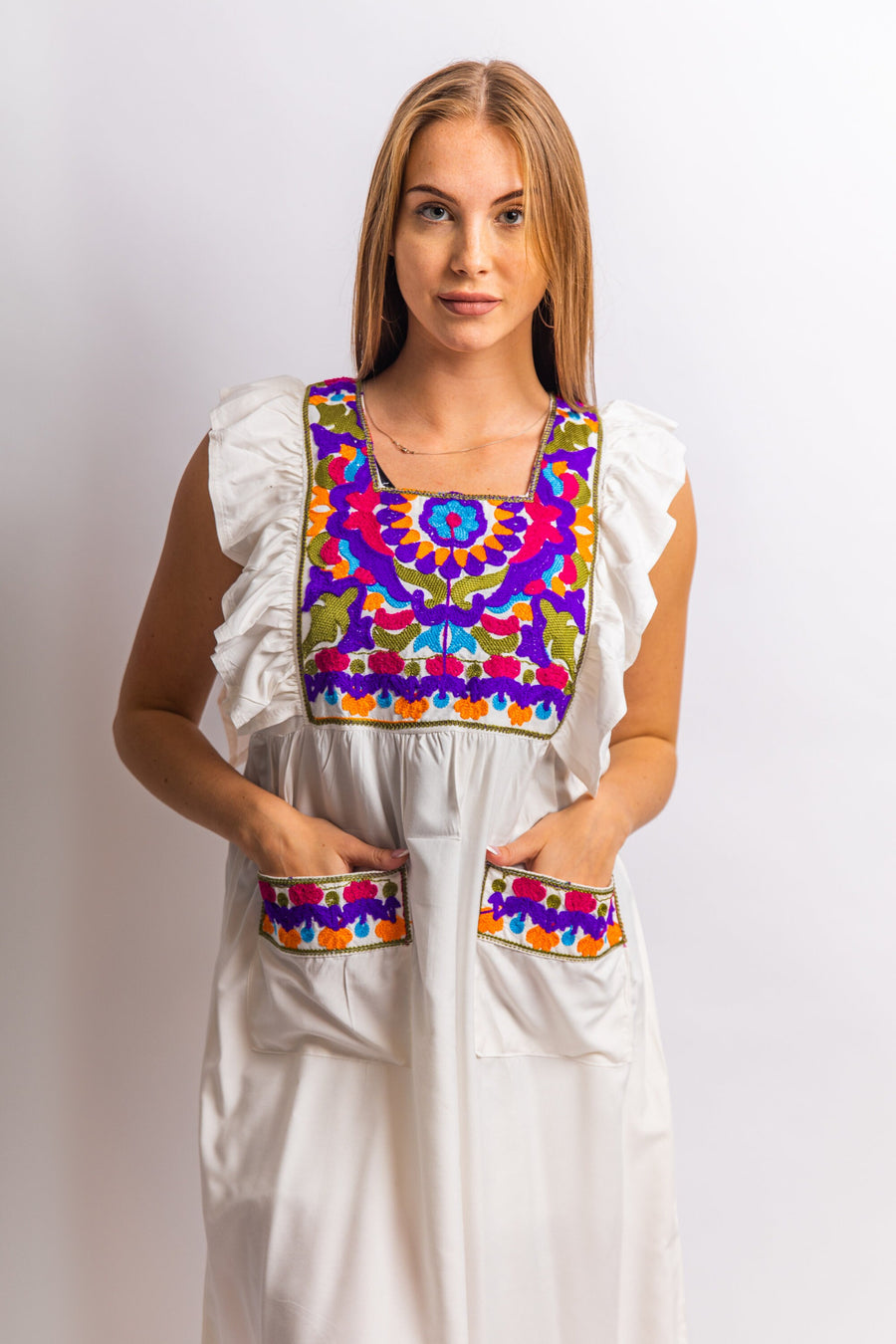 Off shoulder white embroidered kaftan with pockets, embroidered tunic kaftan, cotton embroidered tunic dress, Summer tunic, tunics