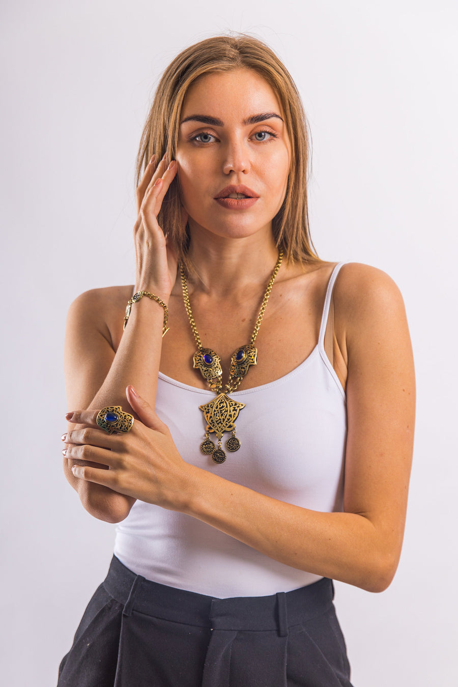 Brass Egyptian jewelry set, hamsa hand necklace, unique Egyptian handicraft, Egyptian jewelry, Brass necklace for women
