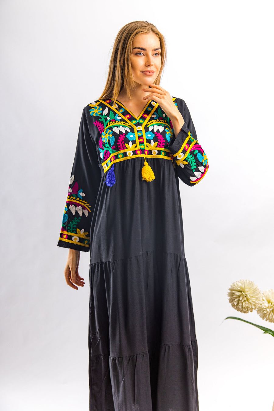 Black embroidered Caftan with tassels, caftans for women, embroidered Caftan dress, Caftan maxi dress, Caftans for women, Caftans