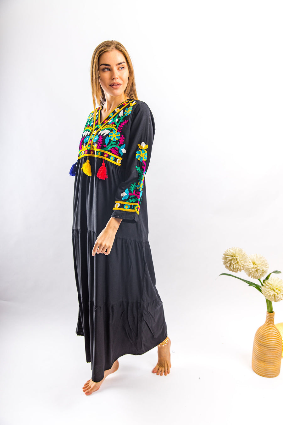 Black embroidered Caftan with tassels, caftans for women, embroidered Caftan dress, Caftan maxi dress, Caftans for women, Caftans