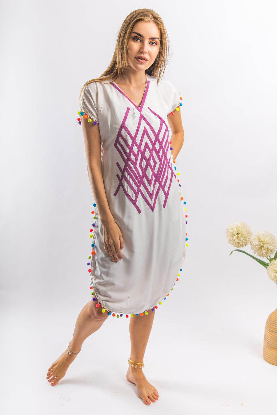 Boho white Tunic embroidered kaftan with pompons, embroidered tunic kaftan, cotton embroidered tunic dress, Summer tunic, vacation tunic