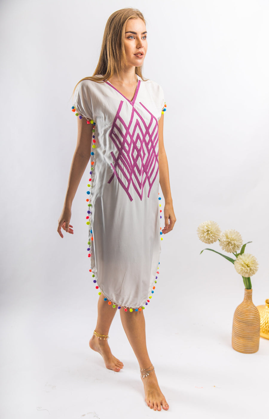 Boho white Tunic embroidered kaftan with pompons, embroidered tunic kaftan, cotton embroidered tunic dress, Summer tunic, vacation tunic