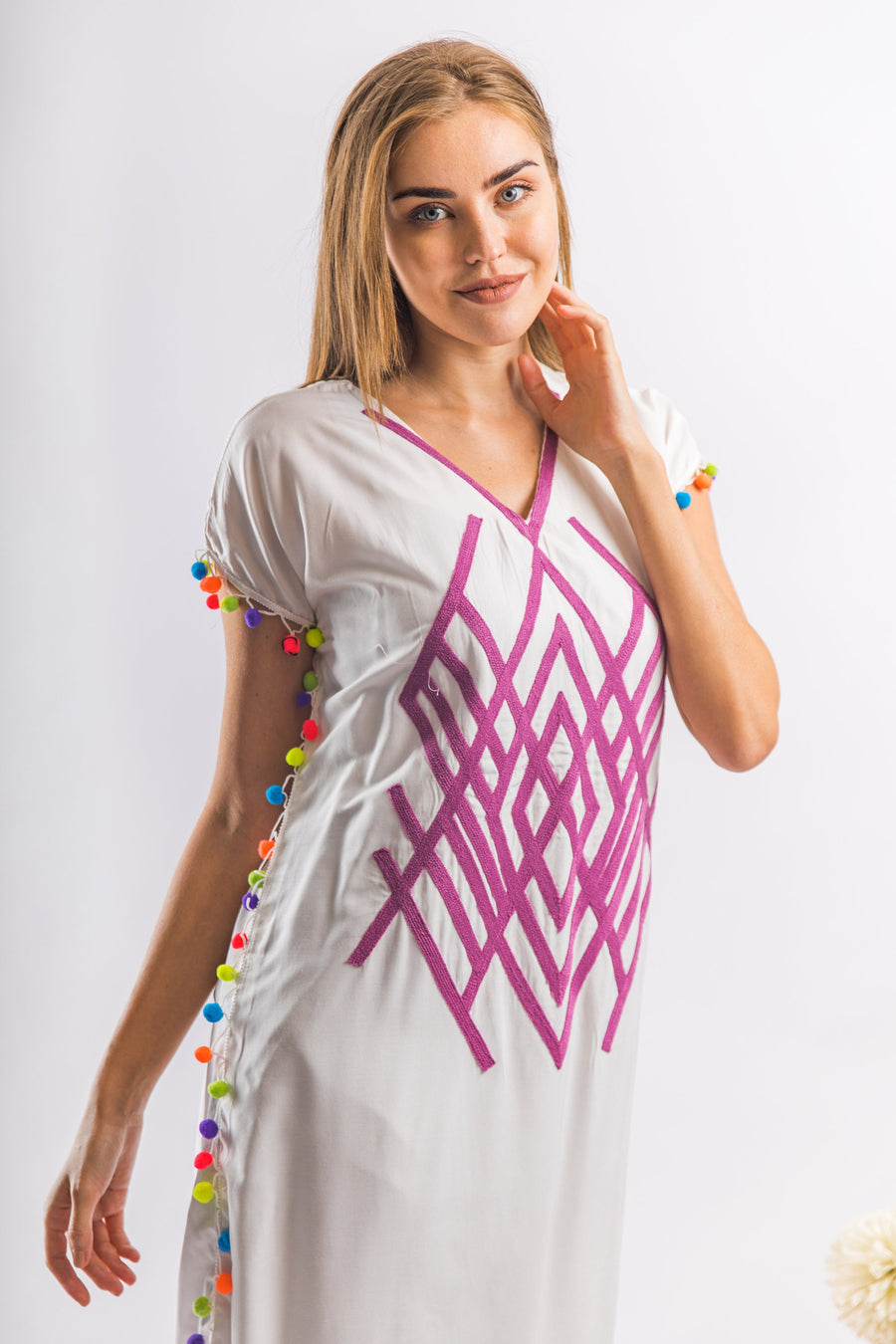 Boho white Tunic embroidered kaftan with pompons, embroidered tunic kaftan, cotton embroidered tunic dress, Summer tunic, vacation tunic