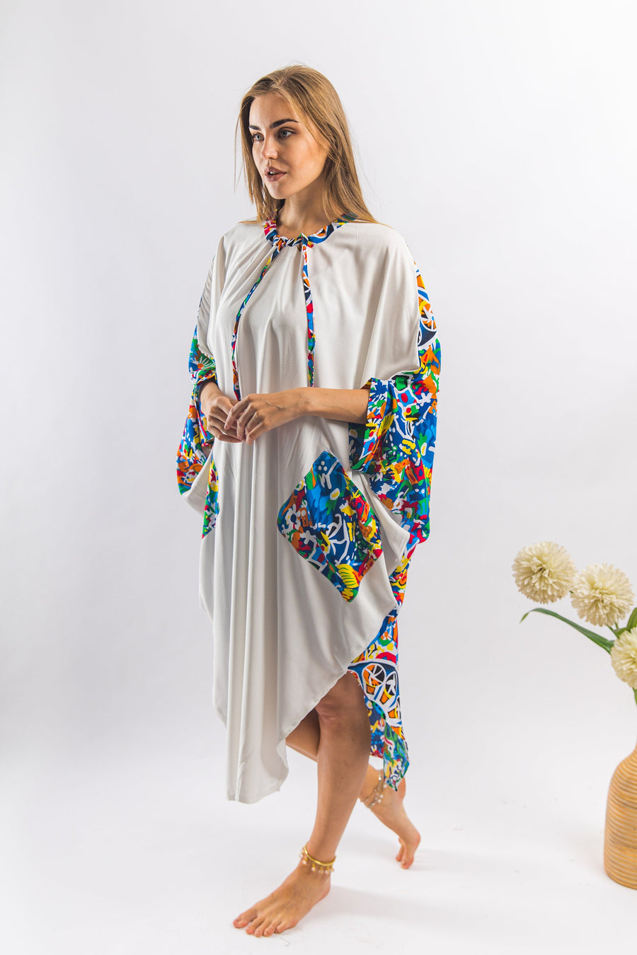 Plus size Boho White Tunic kaftan with pockets, vibrant print tunic kaftan dress, cotton tunic dress, Summer tunic, vacation tunic,