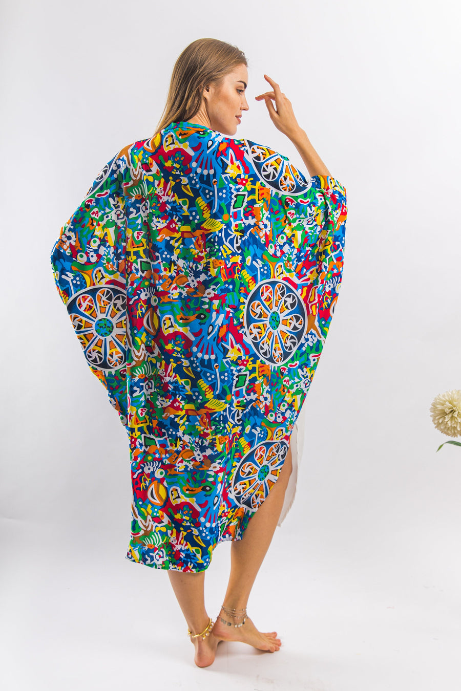 Plus size Boho White Tunic kaftan with pockets, vibrant print tunic kaftan dress, cotton tunic dress, Summer tunic, vacation tunic,