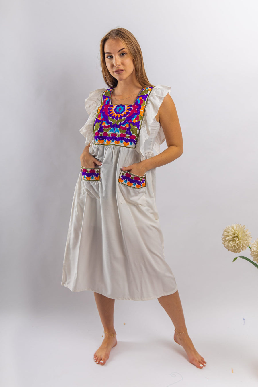 Off shoulder white embroidered kaftan with pockets, embroidered tunic kaftan, cotton embroidered tunic dress, Summer tunic, tunics