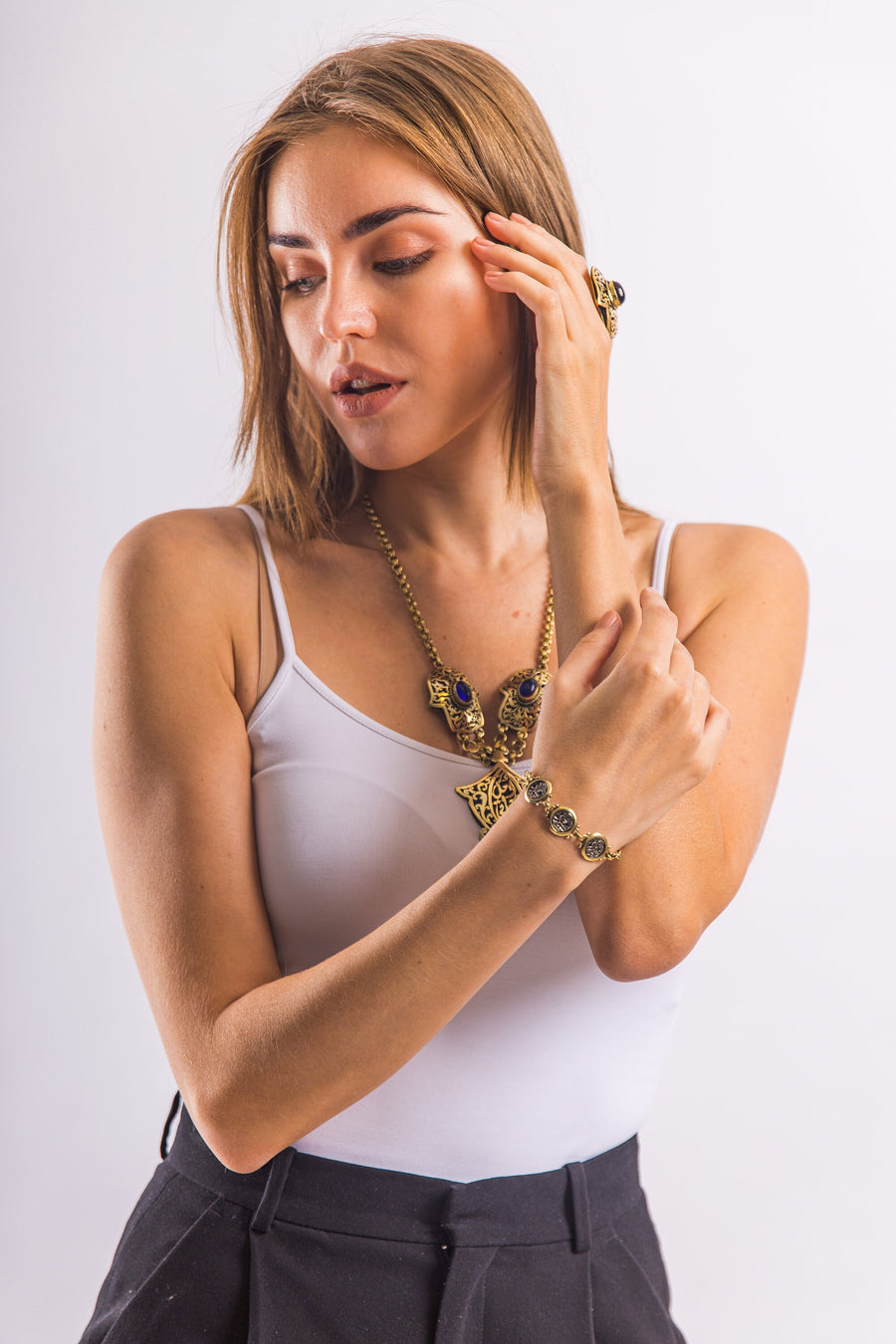 Brass Egyptian jewelry set, hamsa hand necklace, unique Egyptian handicraft, Egyptian jewelry, Brass necklace for women
