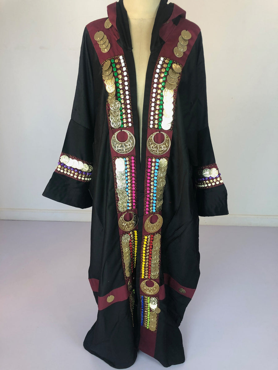 Black Kimono hooded jacket with hand stitched coins and accessories, festival Kimono, bedouin kimono, Cotton Kimono, unique kimono