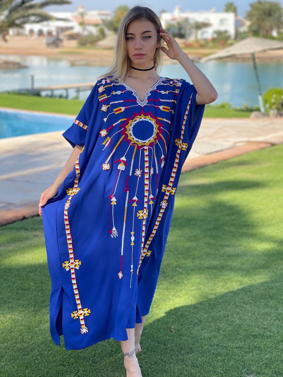 Siwa embroidered blue cotton caftan, short embroidered kaftan, chic ca Gipci Siwa embroidered blue cotton caftan, short embroidered kaftan, chic ca Gipci