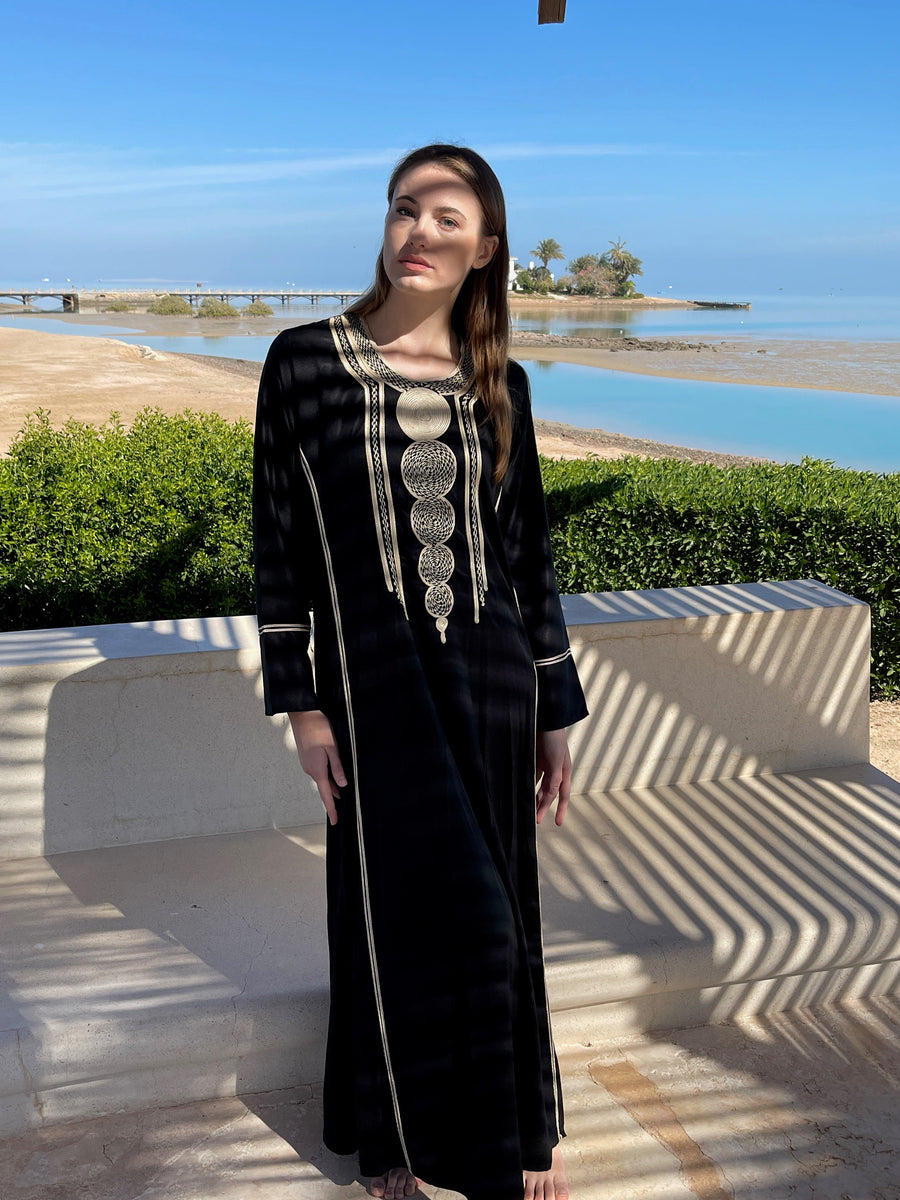 Chic Black embroidered cotton caftan dress, embroidered caftan, Chic embroidered caftan, Egyptian cotton caftans for women