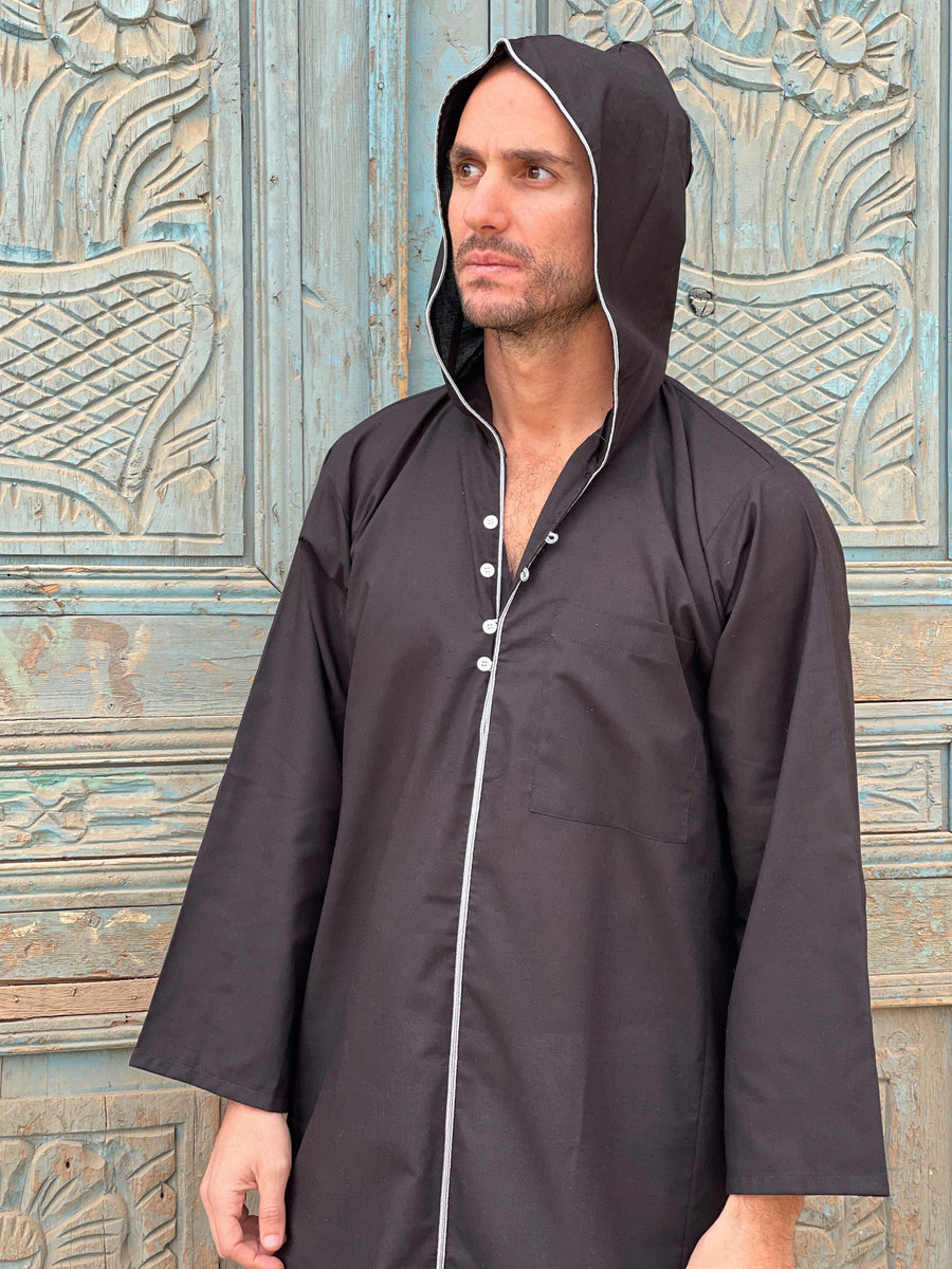 Black hooded Men's Kaftan, Egyptian Cotton caftan, Men's kaftan, caftans for men, men clothing, gift for men, husband, gift for him
