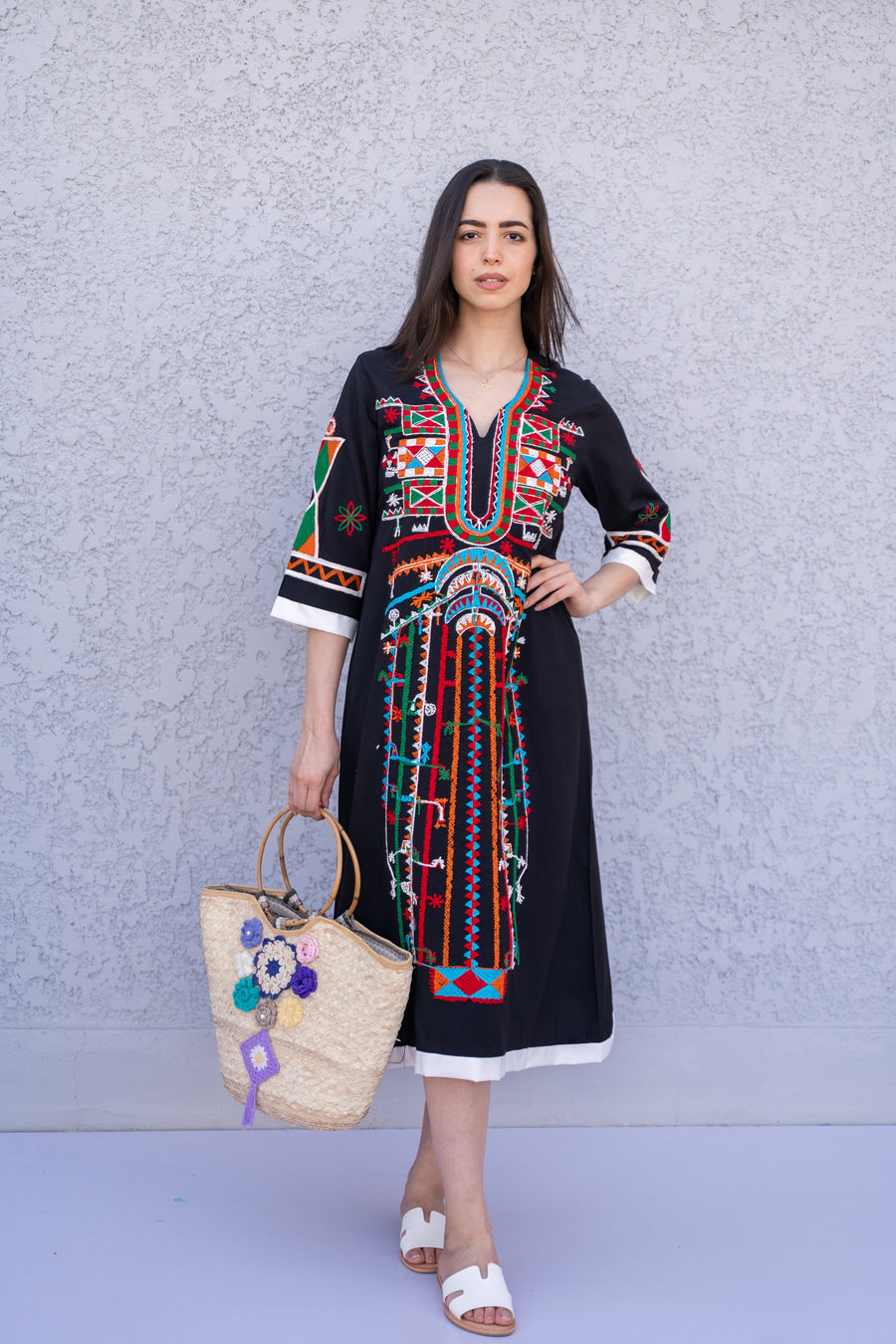 black embroidered tunic dress De La Rosa Floral Embroidered Mexican Dress- Vestido Mexicano Bordado