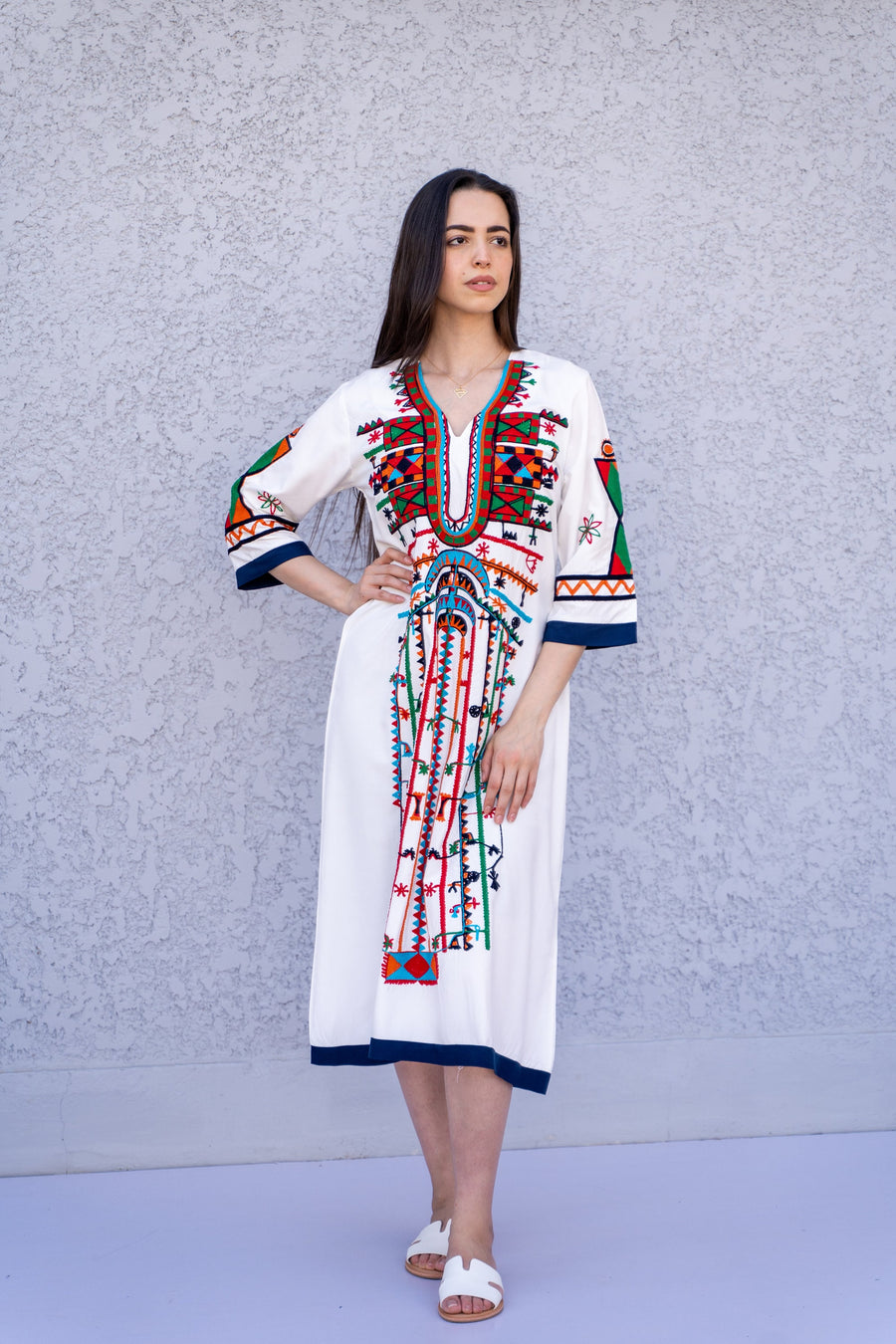 Siwa White Tunic embroidered kaftan, Bohemian embroidery tunic dress, Egyptian cotton, Resort caftan, Summer, party, casual, home dress