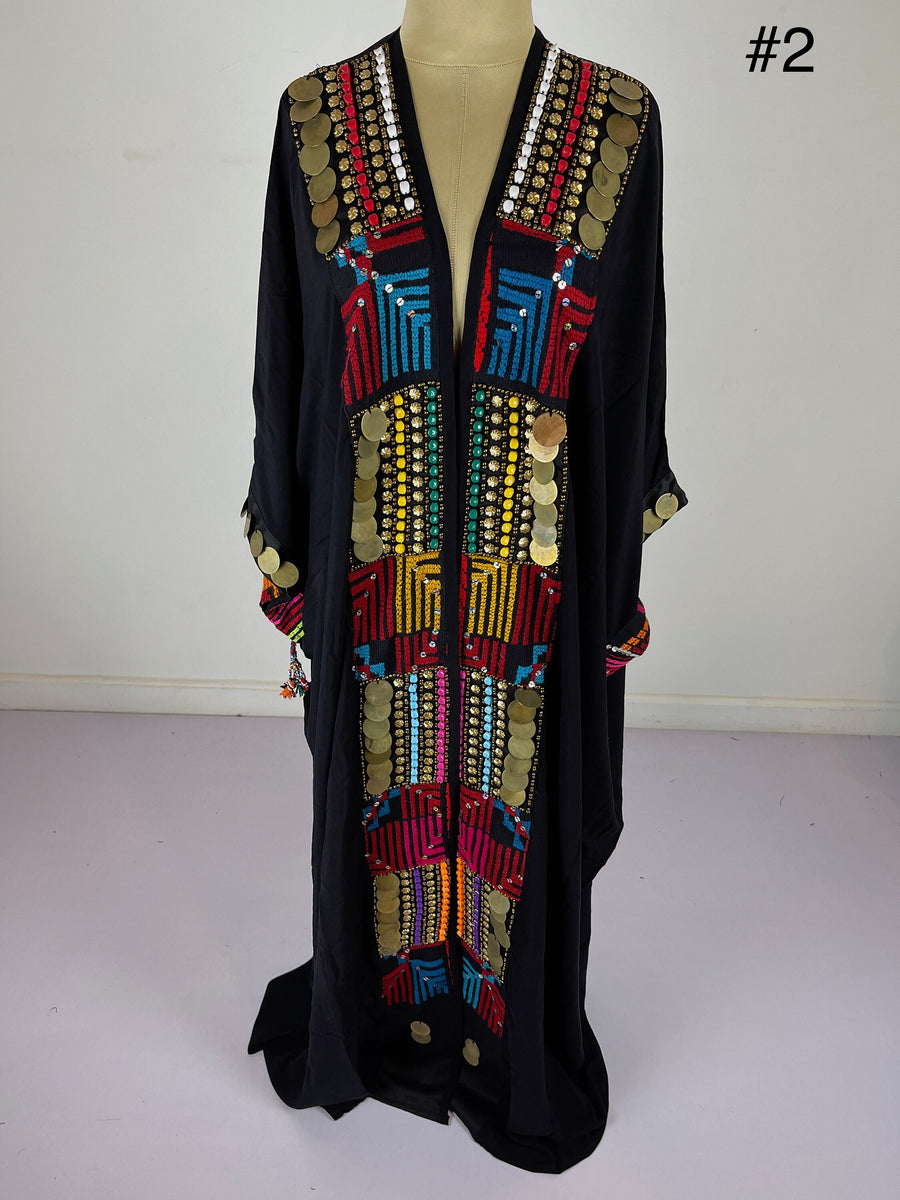 Vintage Black gypsy Cotton Kimono with hand stitched coins, festival Kimono, bohemian kimono, Hooded kimono, Light wool / cotton Kimono