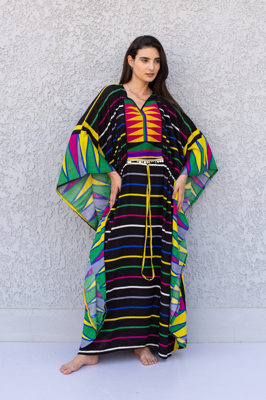 Boho black colorful butterfly embroidered Plus size Kaftan with belt, Loose fit Caftan, Cotton Kaftan, Exotic Kaftan, Moroccan Caftan
