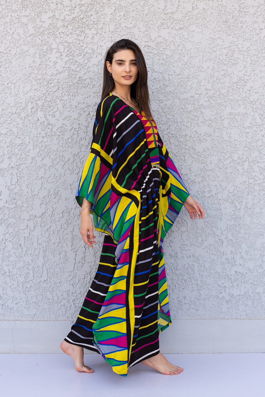 Boho black colorful butterfly embroidered Plus size Kaftan with belt, Loose fit Caftan, Cotton Kaftan, Exotic Kaftan, Moroccan Caftan