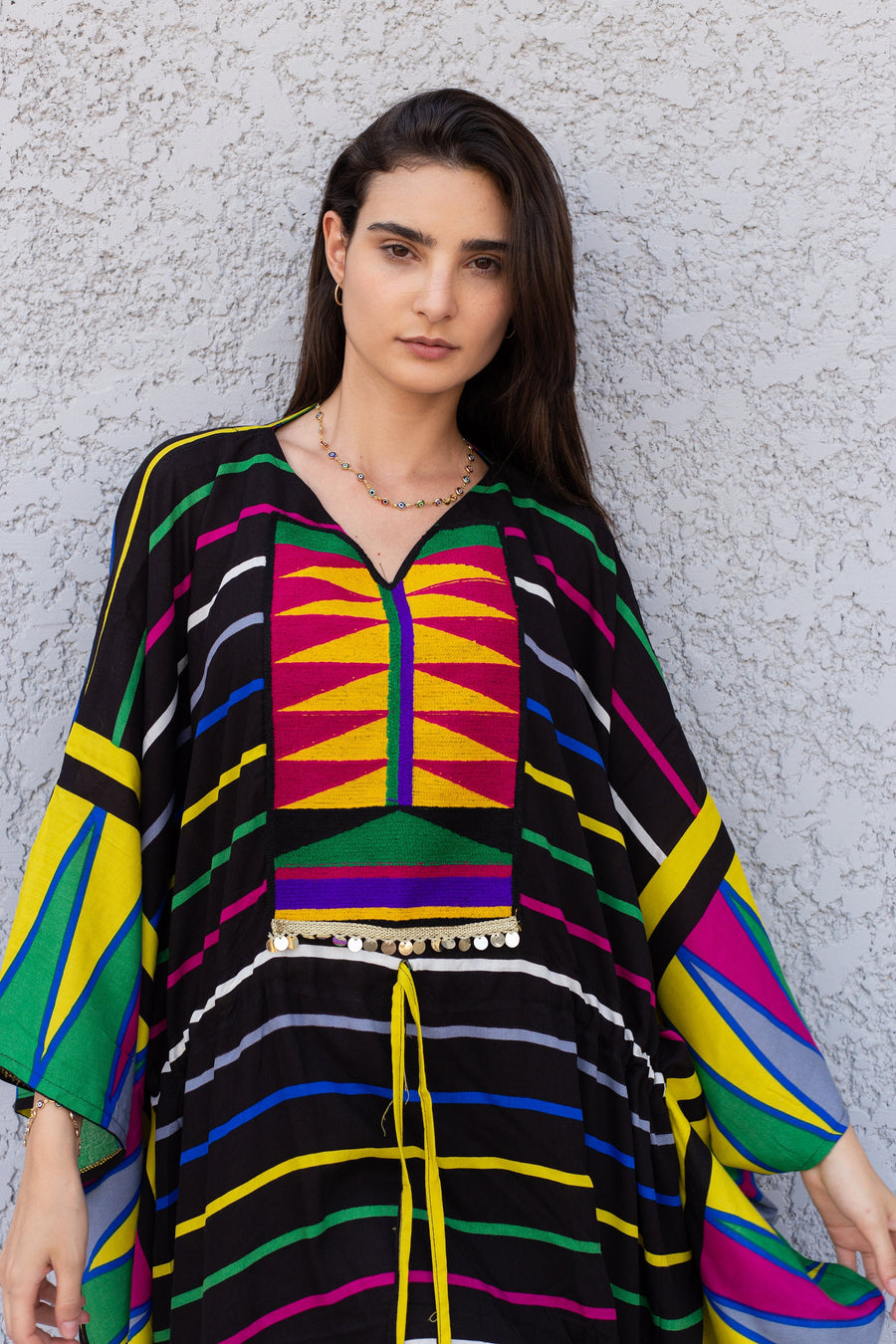 Boho black colorful butterfly embroidered Plus size Kaftan with belt, Loose fit Caftan, Cotton Kaftan, Exotic Kaftan, Moroccan Caftan