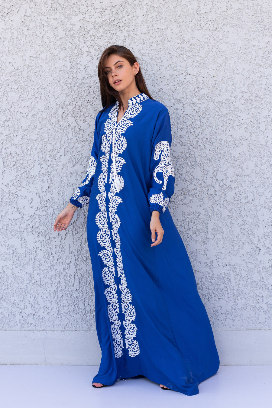 Beautiful Royal blue Cotton caftan for women, embroidered long sleeve Kaftan, Caftan maxi dress, Caftans for women, cotton caftan, caftans