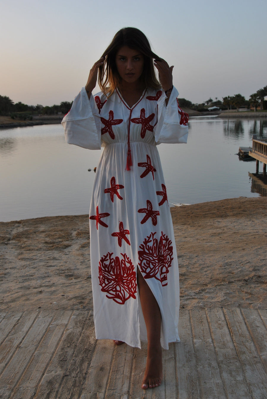 White starfish embroidered caftan, Cotton caftan dress, Africa women clothing, caftans for women, Plus size Kaftan, Boho summer caftan