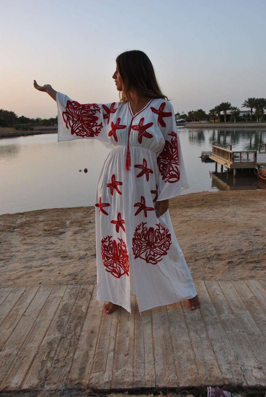 White starfish embroidered caftan, Cotton caftan dress, Africa women clothing, caftans for women, Plus size Kaftan, Boho summer caftan