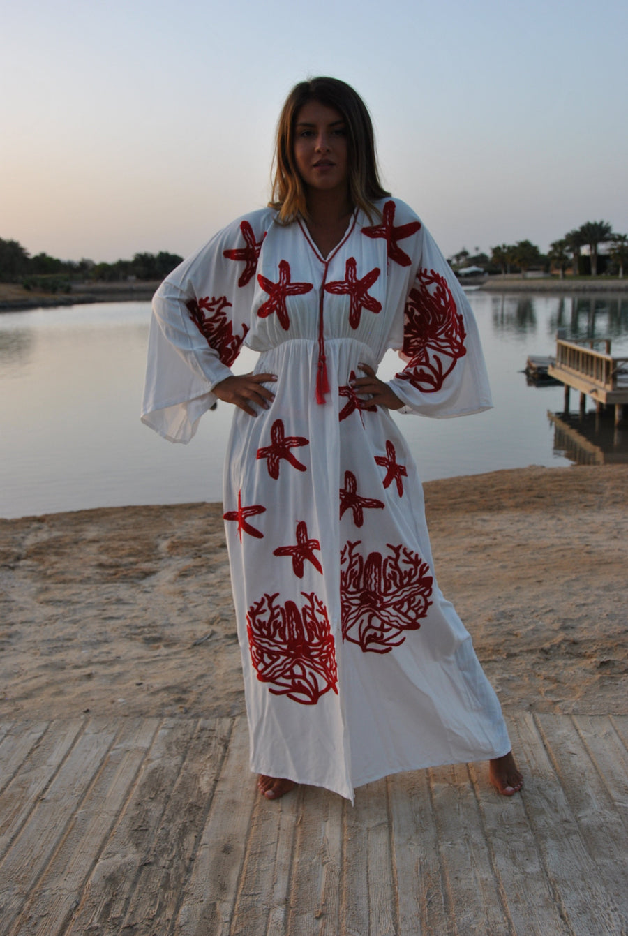 White starfish embroidered caftan, Cotton caftan dress, Africa women clothing, caftans for women, Plus size Kaftan, Boho summer caftan